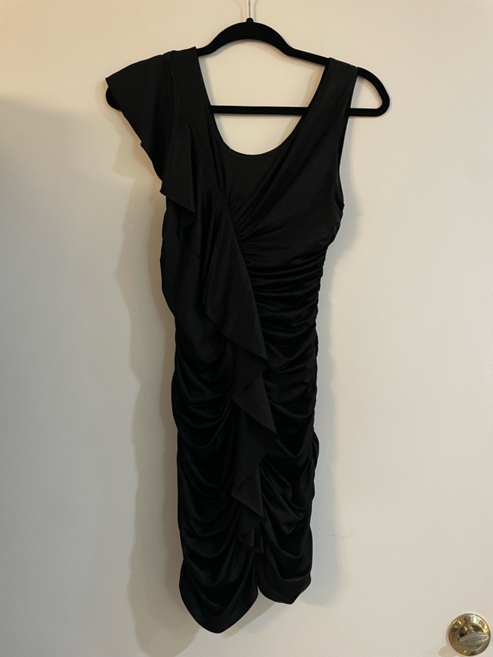 bebe Black Bodycon Ruffle Ruched Dress